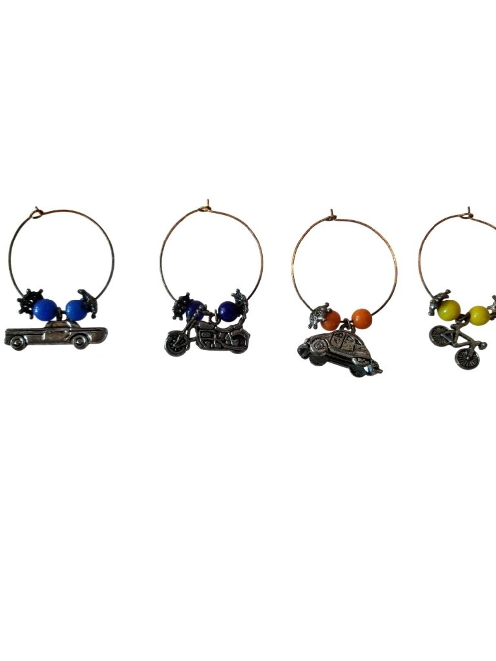 Wine Charms 1"  Charm Beads Silver Hoops Set of 4  Truck Motorcycle VW Bug Bike